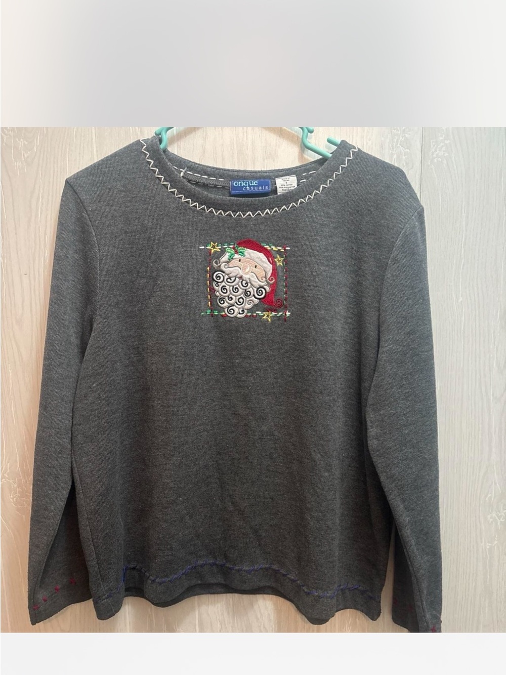 Onque Casuals Gray Embroidered Santa Crewneck Sweater